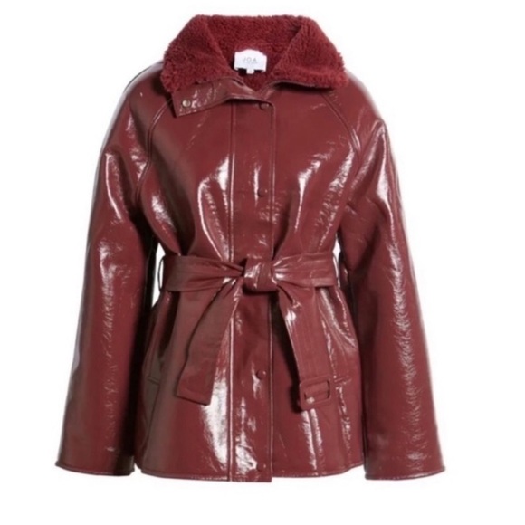 NEW J.O.A. x REVOLVE Red Patent Leather Belted Fleece Lined Jacket, Size XS - Picture 3 of 8